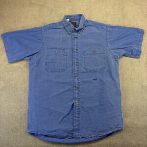 VTG Duxbak Button Down Shirt Mens Large Blue Cotton Twill Short Sleeve Ribbed